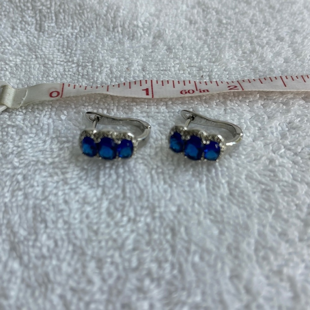 Faux Sapphire Earrings for pierced ears, 3 stones, 3/4” length, 1/4” wide